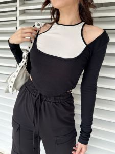 Atasan Wanita Two Tone Lengan Panjang Crop Korean Basic Rib Knit