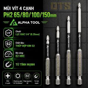 Mũi vít 4 cạnh PH2 ALPHA TOOL dài 65/80/100/150mm thép S2 chuôi 1/4" từ tính cao chống trượt