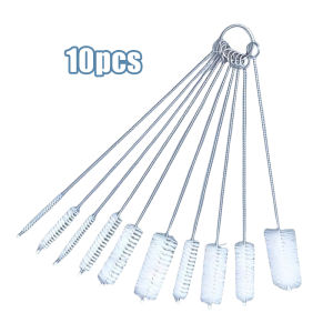 10Pcs/Set Multifunctional Nylon Straw Brush Nylon Soft Hair Brush Stainless Steel Long Handle