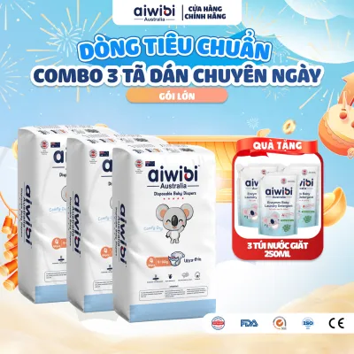 Combo 3 Tã/Bỉm Dán Aiwibi Tiêu Chuẩn Thoáng Khí Thấm Hút Nhanh Gói Lớn S52/M48/L44/XL40