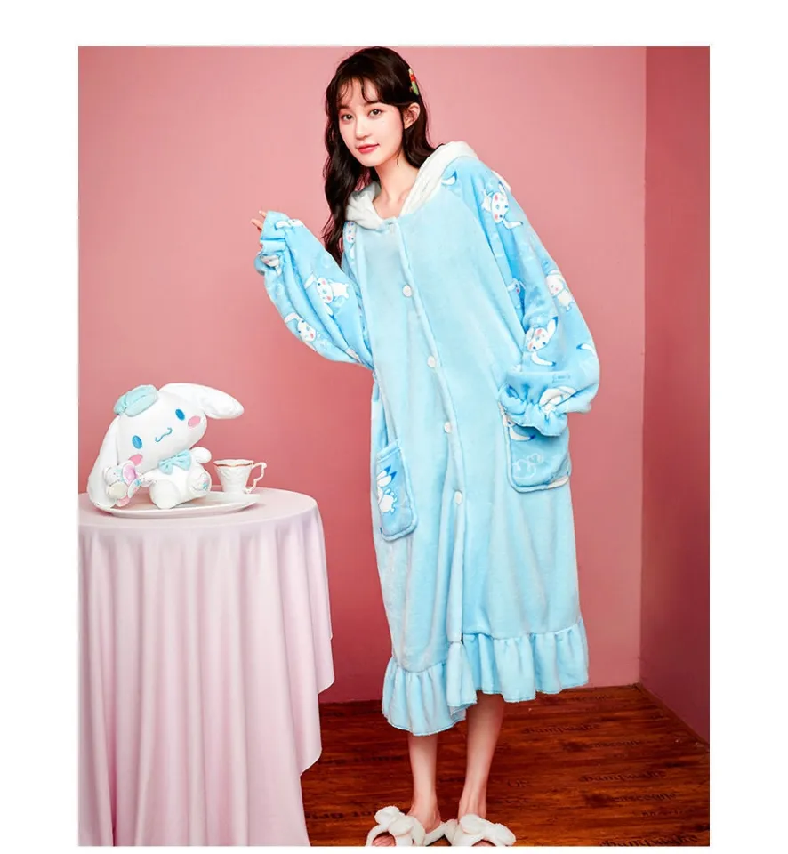 Womens Casual Lapel Coral Fleece Nightdress Girls Lolita Long Sleeves  Nightgown