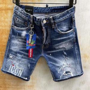 《308》 Dsquared2ยี่ห้อ Mens Blue Denim กางเกงขาสั้นบุรุษ Casual Slim DSQ พิมพ์ Hole กางเกงยีนส์สั้นคุณภาพสูง hip hop DENIM กางเกงขาสั้น