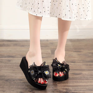 [Free Shipping] New Summer Cotton Height-Increasing Thick-Soled Wedge Sandals Fashionable Round-Toe Bow Strap Outdoor Womens Sandals
