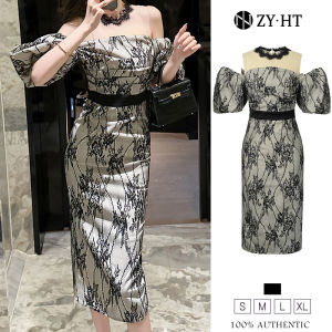 ZYHT Đầm Nước pháp màu đen Một từ cổ áo vải ren Maxi Mảnh mai Đầm nữ dự tiệc cưới đẹp 50349