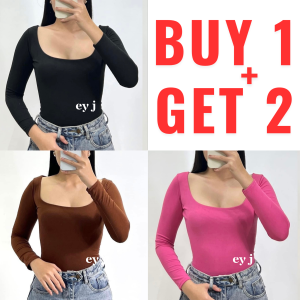 BUY 1 + GET 2 FREE (3PCS) Kalie Square Neck Long Sleeve Double Lining Front Top Body Hugging for Women Womenswear Comfortable