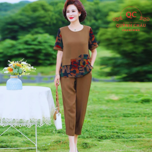 Đồ bộ nữ trung niên cho mẹ bộ LỤA PHÁP trung niên nữ phối họa tiết quần 9 TẤC ống nhỏ cao cấp-QC04