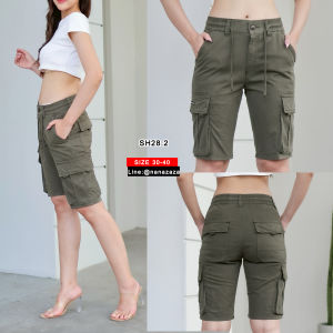 (พร้อมส่ง) NANAZAZA - SH28 คาร์โก้ขาสั้น เนื้อผ้ายืดหยุ่น เอวผูก