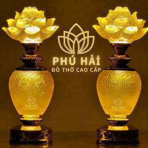 Đôi đèn thờ hoa sen 1 bông lưu ly kiểu hoa xòe thân oval bình họa tiết vân nổi thờ phật 3 Size Cao 3031 33 cm - Tặng led dự phòng - để đâng bàn thờ phật gia tiên thần tài ( giá tính 1 đôi ) HCM đèn thờ cắm điện