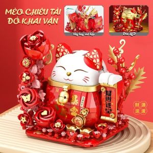 Đồ Chơi Lắp Ghép Mèo Thần Tài. Lắp ghép Mèo thần tài đón tài lộc tếtle go Cây Đào trang trí tết có đèn led cực xinh.