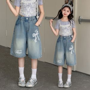 Kids Girls Bow Print Denim Knee Length Shorts Soft Denim Loose Half Elastic Waist Kids Jeans Short Pants Summer Korean Style For 7-15Yrs
