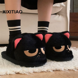 Xixitiao 2024 mới mùa đông phim hoạt hình Dép bông cặp dễ thương nhỏ màu đen mèo Dép lông thời trang nam nữ shibao giày vải bông ấm áp