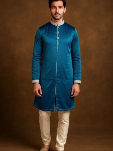 Elegant Teal Italy Satin Kurta with Mandarin Collar and Embroidery