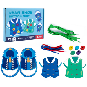 Duoqu Wear Shoe Button Suit SET | Mainan Menjahit Kancing Baju Mengikat Tali Sepatu Meronce | Montessori Lacing Threading Sewing Toy | Mainan Edukatif Edukasi Anak Motorik Halus | Hand Eye Coordination / Koordinasi Mata dan Tangan