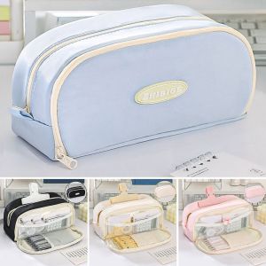 JUTBONG Double Layered Pencil Case Large Capacity Stationery Organizer Pen Bag Multi-function Solid Color Pencil Box Student Gift