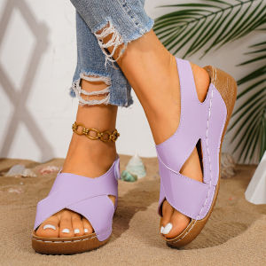 Free Shipping Plus-Size Thick-Soled Wedge-Heeled Solid-Color Open-Back One-Strap Velcro-Closure WomenS Sandals 2026 Outdoor Wear With Decorative Stitching