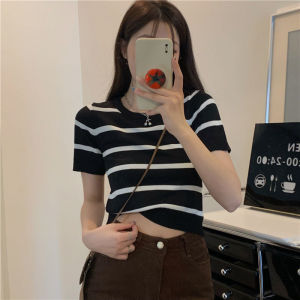 🎀 SIS Women T-shirt Korean Style Striped Round Neck Short Sleeved Knitted Top Blouses Women New Style 2024