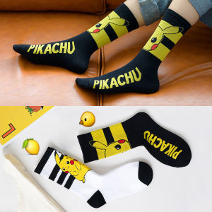 Women Cotton Socks & Tights Pikachu Print Medium Tube Stocking Couple Cartoon Korean Style Black White Grey