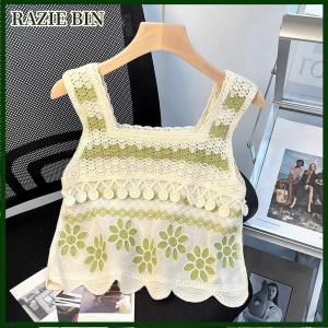 RAZIE BIN Summer Hollow Embroidery Knitted Camisole Women Sleeveless Irregular Tassel Tank Top