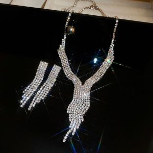 Sparkling Rhinestone Tassel Necklace Earrings Set Women Claw Chain Party Wedding Jewelry Accessories