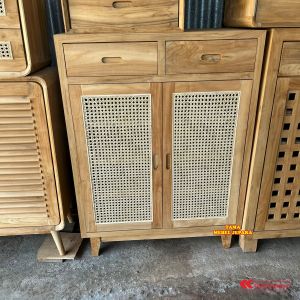 Rak Sepatu / Lemari Sepatu Retro Minimalis Full Kayu Jati Pintu Rotan