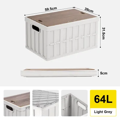 Citylife 64L Collapsible Storage Box Crate with Lid Folding Storage Box with Wooden Cover Panel for Home Outdoor Camping
