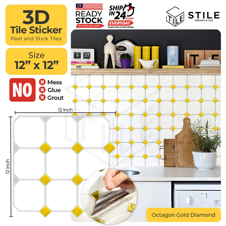Octagon Gold Diamond 3D Tiles Sticker Kitchen Bathroom Wall Tiles ...