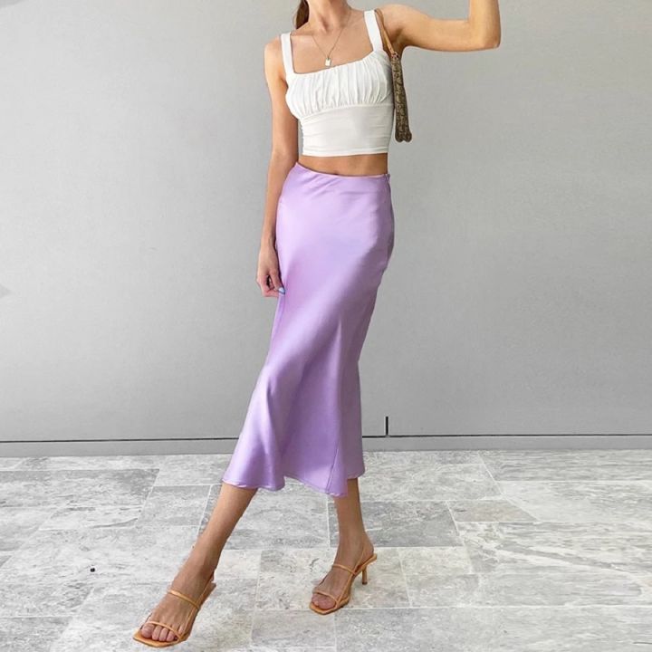 Solid Purple Satin Silk Skirt Women High Waisted Summer Long Skirt New 2020 Elegant Ladies Office Skirts Midi Spring Lazada Singapore