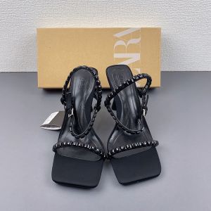 ZARA Black Light French High Heel Shoes Open Toe Thin Shoulder Strap Ankle Buckle Square Heel Sandals㏇X0415