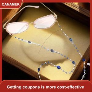【CANAMEK】 Được làm bằng tay kính chuỗi cho ánh sáng mùa hè sang trọng ngọc trai pha lê màu xanh hải quân treo chuỗi Thời Trang Chống mất mắt chuỗi