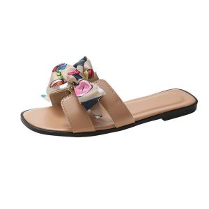 [Free Shipping] Colorful Ribbon Bow Flat-Heel Slippers For Women New Summer Floral Pattern Slip-On Shoes For Outdoor Wear