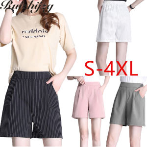 Ruizhijzg Striped Shorts with Pocket Womens Summer 2022 Korean Style White High Waist Comfortable Thin 5 Point Ladies Casual Office Work Casual Short Pants Black Grey Pink Plus Size