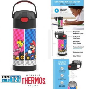 Authentic Thermos Funtainer Super Mario Bros Brothers Nintendo 12 Ounce Stainless Steel Vacuum Insulated Straw Kids Water Bottle