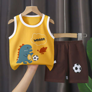 Summer new childrens vest set boys shorts summer cotton cute cartoon thin baby clothes casual home clothes childrens clothes 1-6 years old baby clothes childrens clothing