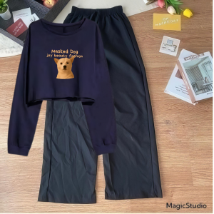 Pakaian 1 Set Atasan Baju Crop Big Size Lengan Panjang Dan Celana Panjang Hitam A Dog With A Turban