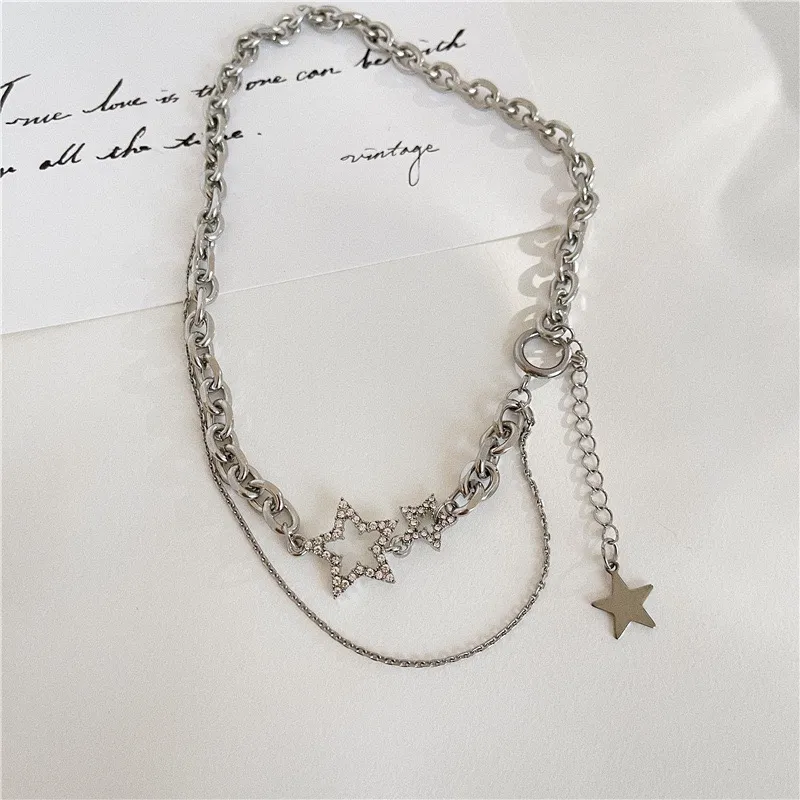 Y2K Double Layer Five-pointed Star Necklace Retro Punk Tassel Pendant for  Women Girls Light Luxury Choker