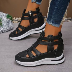 [Free Shipping] Summer New Collection: Plus-Size Thick-Soled Hollow-Out Sandals For Women Featuring A Round Toe Side Zipper And A Thick Insole For Added Height