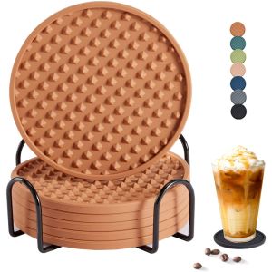 6 Pieces Silicone Drink Coasters With Metal Holder Cup Coaster For Drinks Absorbent Coaster Protect Furniture From Damage Or Bar Kitchen Home Apartment