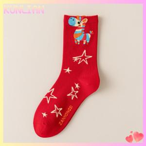 [KUNLIAN] 1Pair New Year Lucky Red Socks For Men Women Autumn Winter Warm Mid-Tube Socks Cartoon Pony Horse Socks Christmas Gifts