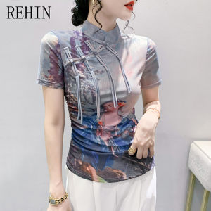 REHIN High-end Retro-style buckle stand collar short-sleeved T-shirt printed fashionable design perfect as a bottoming shirt or European-style tops