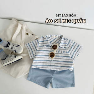 BE283 Bộ áo sơ mi sọc quần đùi kaki BERNIE quần áo cho bé trai đi chơi phong cách Hàn Quốc