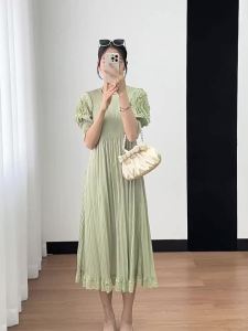 Sanzhai Summer Fairy Style Pleated Round Neck Bud Short Sleeve Fashion Lazy Dress Women