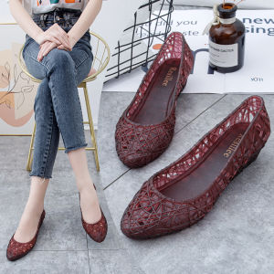 [Free Shipping] Summer New Style Hollow Jelly Sandals Pointed-Toe Transparent Perforated Shoes Wedge Heel Flat-Soled Closed-Toe Plastic And Rubber Shoes