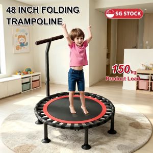 48 Inch Foldable Silent Fitness Trampoline Black Red PP Material 150kg Load Portable Adjustable Handle for Adults Kids Indoor Outdoor Exercise