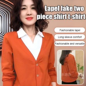 Fashionable Chic Womens Lapel Fake Two-Piece Shirt Middle-Aged Ladieswear Western Style Shirt Loose Lapel T-Shirt College Style