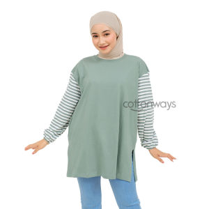 COTTONWAYS STRIPE COMBINE LONGSLEEVES OVERSIZED T-SHIRT | Tangan Panjang Karet | Kaos Perpaduan 24s & 30s untuk Sehari-Hari | Combine Karet |