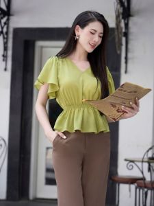[Voucher 15% MOV 199K cap 100K Áo sơ mi nữ HeraDG thiết kế cổ V dáng peplum chiết eo chất liệu Recycle SAKBC9094