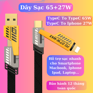 Dây cáp sạc nhanh 4 trong 1 Silicon chuẩn 65w siêu bền sạc nhanh sạc macbook smartphone laptop