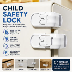 Child Safety Lock Kunci Keselamatan Kanak Drawer Cabinet Cupboard Lock Baby Proof Adhesive No Drill Hidden Lock 2 Button