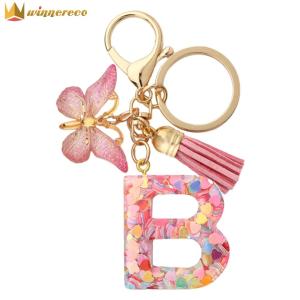 【NEW】 Letter A-Z Keychain Alphabet Letter Keychain Cute Car Keychain Pink Tassel Butterfly Key Ring for Wallet Purses