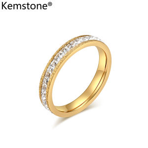 Kemstone Square Zircon Stainless Steel Ring for Womens Full Zircon Rose Gold Plated Rings Jewelry